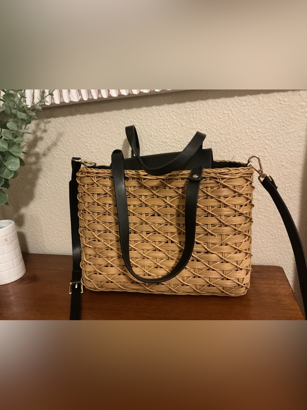 Zara Natural Woven Tote with Black Leather Accents